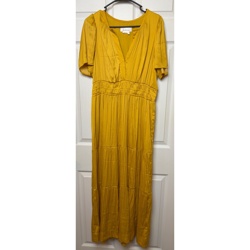 Anthropologie Somerset Satin Mustard Yellow Maxi Dress Elastic‎ Waist LG FLAW
